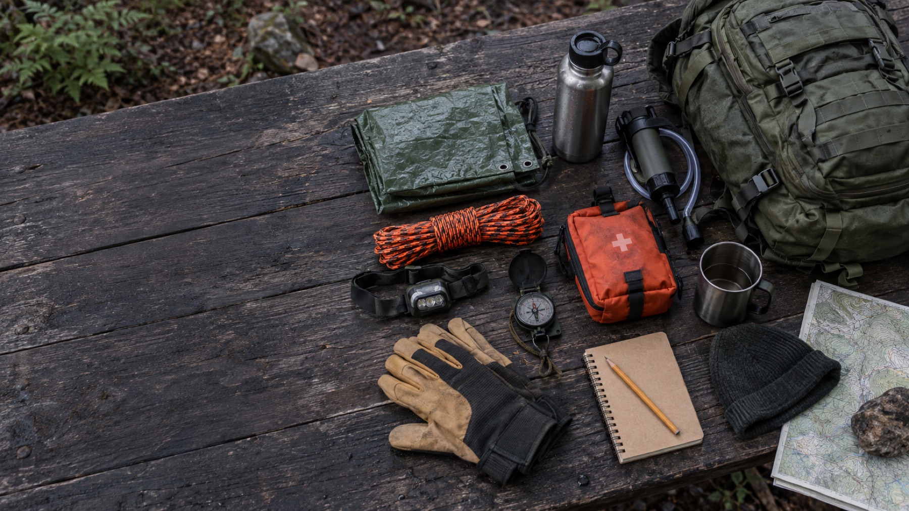 Backpack, water treatment, tarp, light, compass and first-aid supplies laid out for a 72-hour bag audit