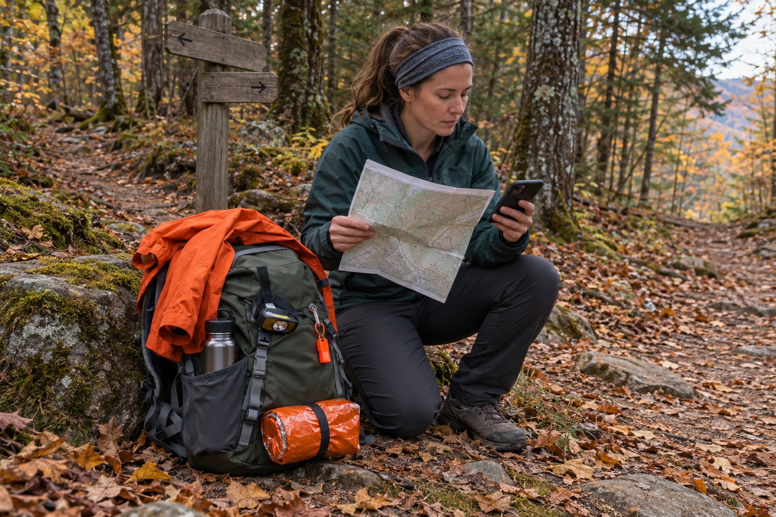 A day hiker stopped at an autumn trail junction comparing a paper map and phone with signaling gear visible on the backpack